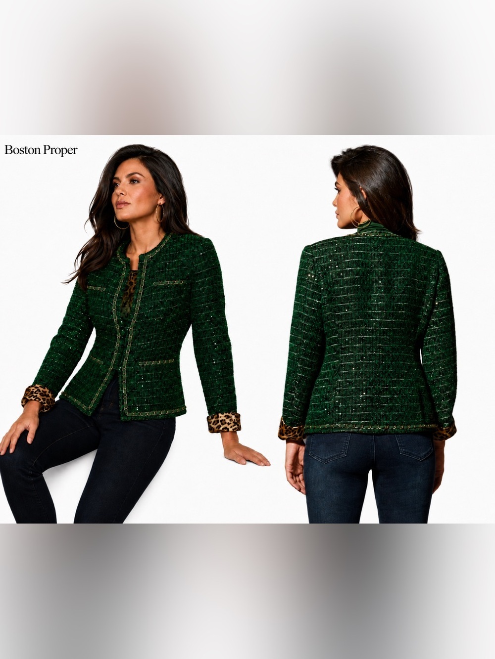 Boston Proper Size 10 Emerald Green Tweed Chain Detail Sequin Jacket Blazer